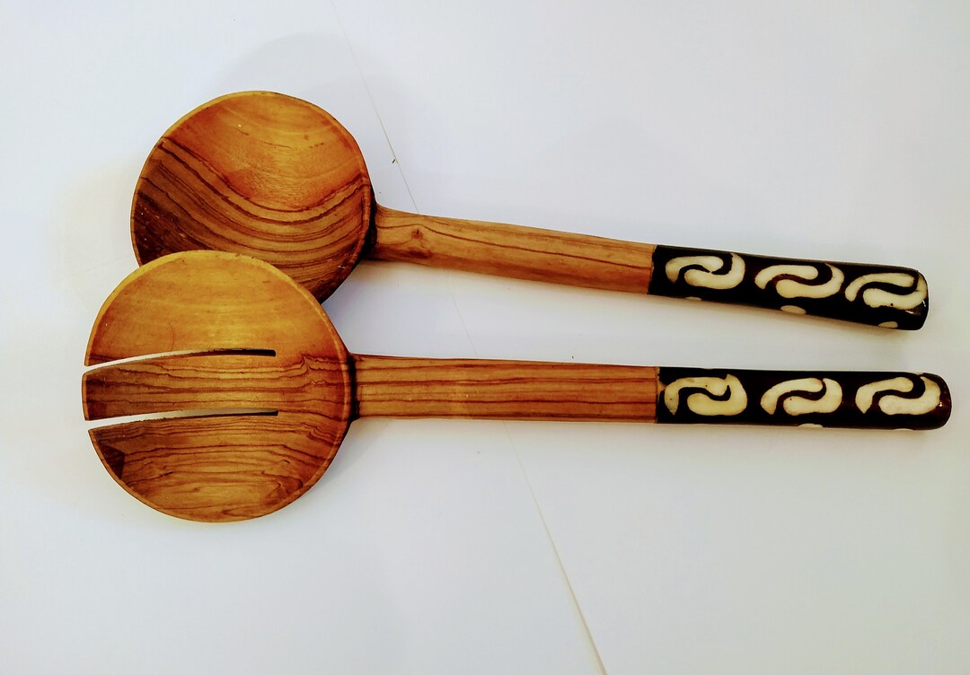 Olive Wood Salad Servers With Etched Bone Handles Etsy