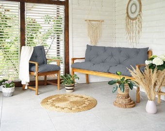 Cojín de banco textil de 4L, cojín para banco de jardín, resistente a los rayos UV, cojín tapizado para banco de jardín, cojín de asiento y respaldo, resistente a la intemperie, gris oscuro