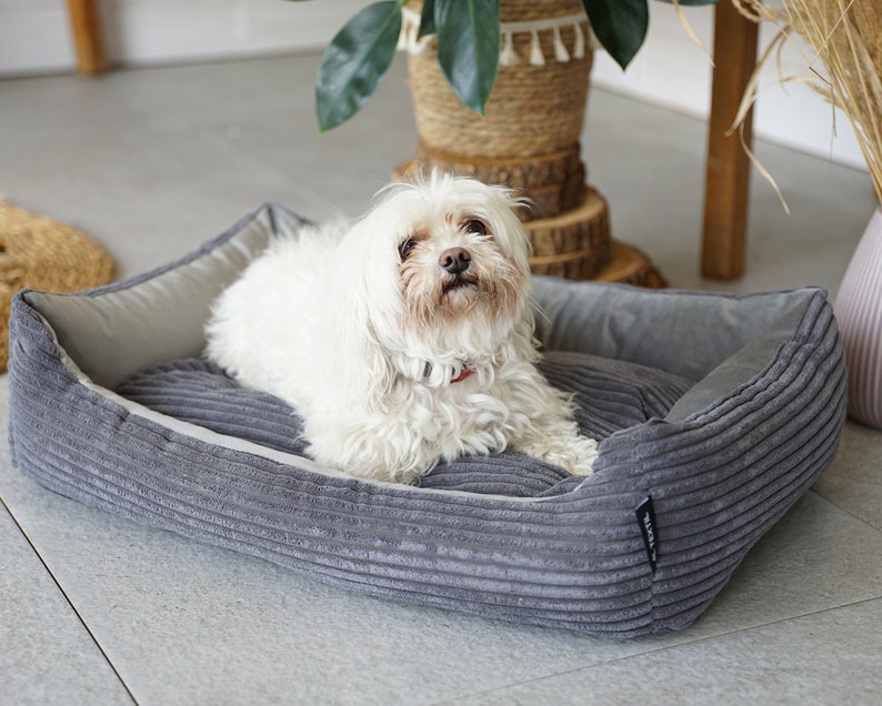 4L Textile MOLLY Boho Dog Bed Corduroy Dog Basket Large Dogs Dog Cushion Fluffy Dog Basket Medium-sized Dogs Dog Sofa S L XL Grey image 1