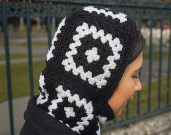 Crochet Balaclava, Granny Square Finished Balaclava, Handknitted Balaclava, Handmade Black and White Winter Hat, Gift For Her, Ski Mask