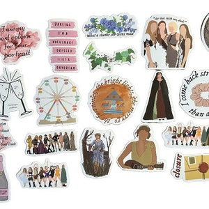 May include: A collection of various stickers with illustrations and text. Designs include a disco ball, champagne glasses, a Ferris wheel, and text like "I come back stronger than a 90s trend". The stickers are in various colors and styles.