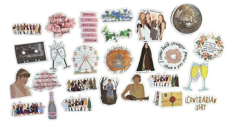 May include: A collection of various stickers with illustrations and text. Designs include a disco ball, champagne glasses, a Ferris wheel, and text like "I come back stronger than a 90s trend". The stickers are in various colors and styles.