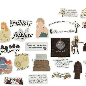 May include: A collection of stickers with various designs and text. The stickers feature illustrations of a woman, a disco ball, a typewriter, and text including "folklore", "mirrorball", and song lyrics. The color palette includes beige, brown, and black.