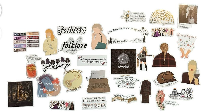 May include: A collection of stickers with various designs and text. The stickers feature illustrations of a woman, a disco ball, a typewriter, and text including "folklore", "mirrorball", and song lyrics. The color palette includes beige, brown, and black.