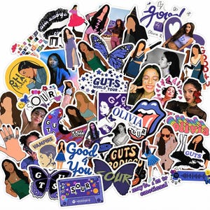 Könnte beinhalten: Eine Sammlung verschiedener Vinyl-Aufkleber mit diversen Illustrationen, Fotos und Texten zu Olivia Rodrigo, darunter Verweise auf die Alben SOUR und GUTS, Schmetterlinge, Songtitel und Konzerttournee-Motive in den Farben Violett und Blau.