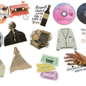 May include: A collection of colorful stickers featuring various designs and text. Designs include a cassette tape, a bottle of wine, a vinyl record, a clock, a cardigan, and phrases like "lavender haze" and "All Too Well."