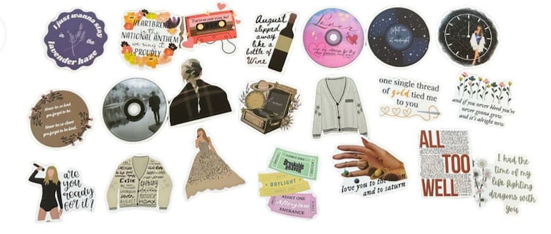 May include: A collection of colorful stickers featuring various designs and text. Designs include a cassette tape, a bottle of wine, a vinyl record, a clock, a cardigan, and phrases like "lavender haze" and "All Too Well."