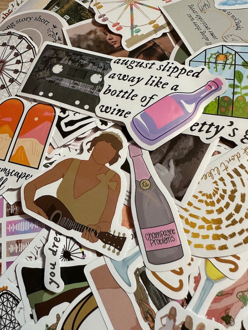 May include: A collection of colorful stickers with various designs. One sticker features a bottle of wine with the text "august slipped away like a bottle of wine." Another sticker says "Champagne Problems."