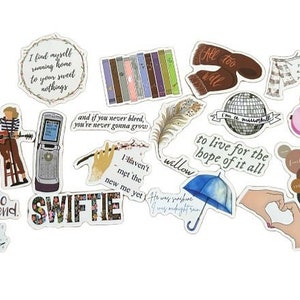 May include: A collection of various stickers with illustrations and text. Designs include a guitar, a disco ball, a bottle of wine, a feather, and phrases like "Swiftie" and "Midnight Rain". The stickers are in various colors.