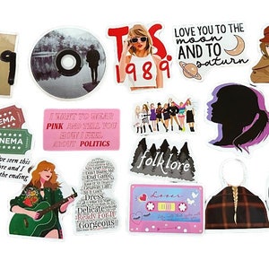 May include: A collection of colorful stickers featuring various designs. Includes stickers with the text "1989", "folklore", "august", and "LOVE YOU TO THE MOON AND TO SATURN". Other stickers feature illustrations of a woman, a cassette tape, and a number 13.