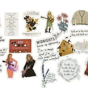 May include: A collection of stickers featuring illustrations and text. Designs include a red cassette tape, a beige cardigan, floral motifs, and quotes like "I had a marvelous time ruining everything."