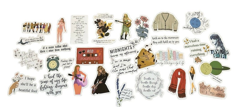 May include: A collection of stickers featuring illustrations and text. Designs include a red cassette tape, a beige cardigan, floral motifs, and quotes like "I had a marvelous time ruining everything."
