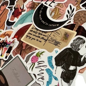 May include: A collection of colorful stickers featuring illustrations of a singer, song lyrics, and album art. The stickers include images of the number "98", the word "alive", and the word "Folklore".