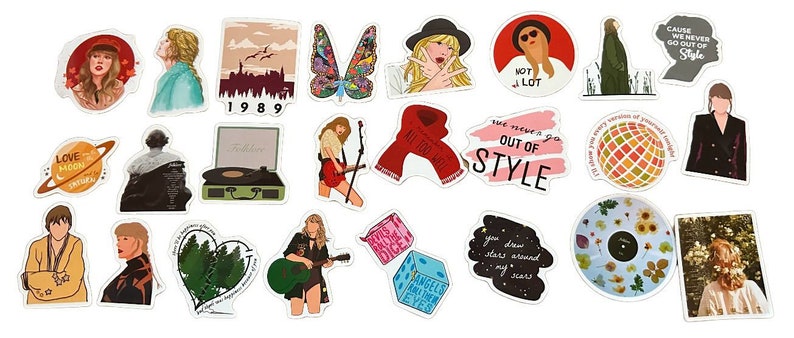May include: A collection of colorful stickers featuring various illustrations and text. Designs include portraits, butterflies, a record player, the text "1989", and phrases like "Out of Style" and "Angels Roll the Dice".