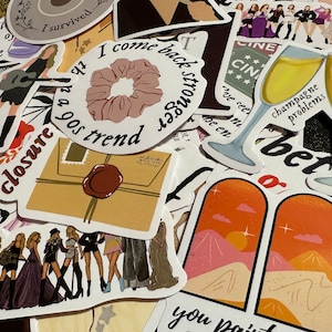 May include: A collection of colorful stickers with various designs and text. Some stickers feature illustrations of a woman playing guitar, a scrunchie, champagne glasses, and a group of women. Other stickers have phrases like "I come back stronger" and "champagne problems."