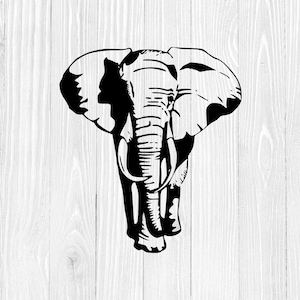 Może przedstawiać: Czarno-biała sylwetka głowy i trąby słonia. Słoń jest zwrócony przodem, z uniesioną trąbą.