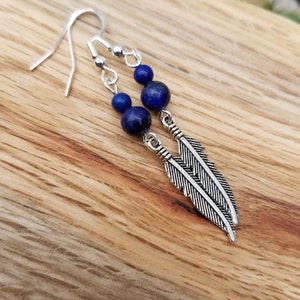 Feather Lapis Lazuli Gemstone Earrings, Handmade Blue Feather Crystal Earrings, Sterling Silver Lapis Feather Jewelry