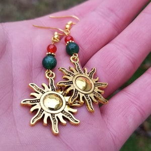 Gold Sun Gemstone Charm Earrings