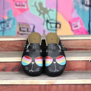 Colorful Cat Clogs | Handmade Leather Slip-Ons | Rainbow Cat Face Sandals | Non-Slip Orthopedic Mules | Unisex Clogs Size 40