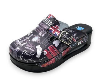 London Print Leather Clogs for Women | Adjustable Strap Platform Mules | British Souvenir Gift | Free Shipping