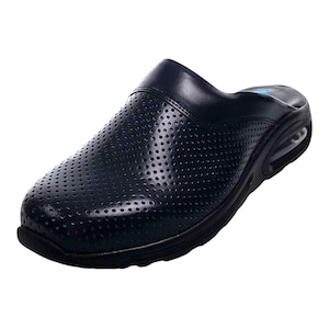 May include: A pair of black leather slip-on shoes with a perforated design and a white sole.
