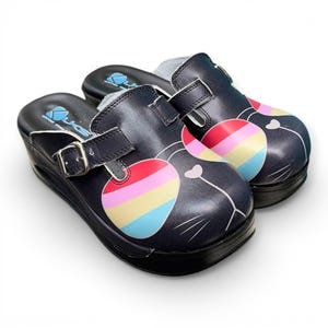 Colorful Cat Glasses Leather Clogs, Platform Mules for Her