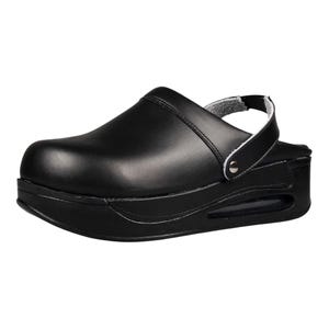 May include: Black clogs with a platform sole and a strap. The clogs have a smooth, leather-like appearance and a rounded toe. The platform sole has an air pocket design.