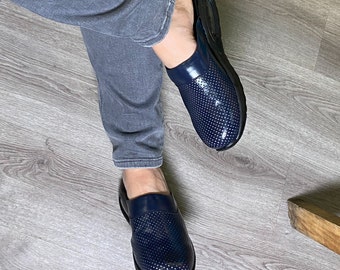 Navy Blue Men’s Leather Clogs Slippers Mules  Handmade, High Heel, Platform, Gift for Him, Gift for Men, Slip Resistant