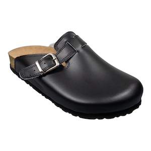 May include: Black leather clog with a buckle strap and a cork sole.