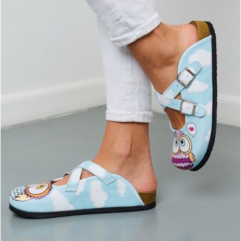 May include: A pair of light blue slip-on shoes with a white strap and an owl design. The shoes have a cork sole and a white cloud pattern.