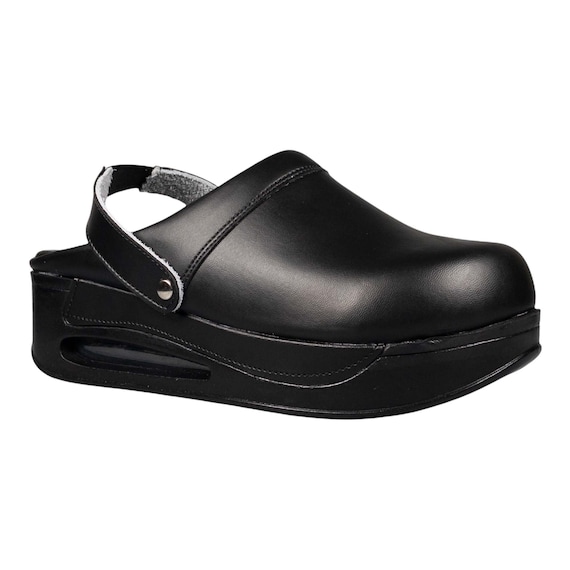 black leather nursing clogs
