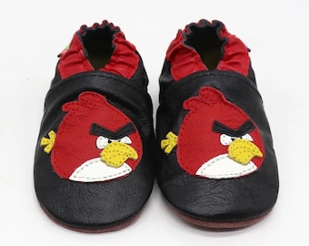 Zapatos de bebé de piel con estampado de pájaros de dibujos animados (0-18 meses), suela blanda.