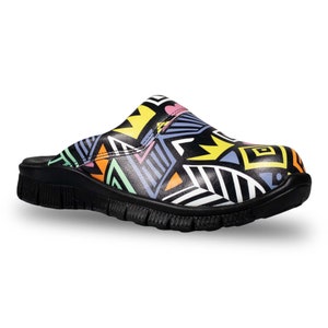 May include: Black slip-on clog with a geometric pattern in shades of yellow, blue, green, pink, and white.