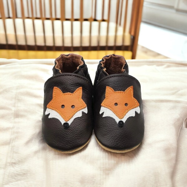 Fox Baby Shoes Cow Leather Booties Soft Sole Non-Slip Footwear Boys and Girls Slippers