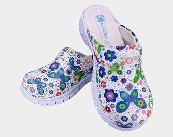 Butterfly Print Leather Clogs | Handmade Comfortflex Orthopedic Nursing Mules | Non-Slip Work Shoes | Gift for Her