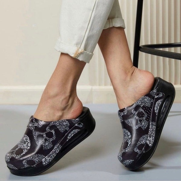 Skull Leather Clogs / Slippers / Mules / Nursing Clogs , High Heel, Platform, Outdoor, Indoor , Gift for Women, Slip Resistant