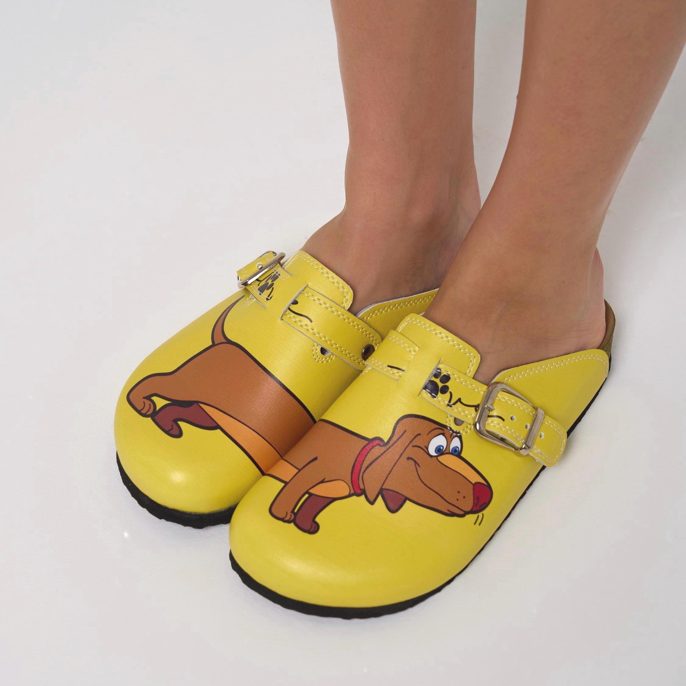 Sausage Dog Dachshund Leather Clogs, Cork Orthopedic Mules