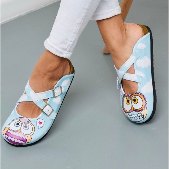 Owl Clogs Women, Wide Toe Box Orthopedic Cross Band Leather Slippers