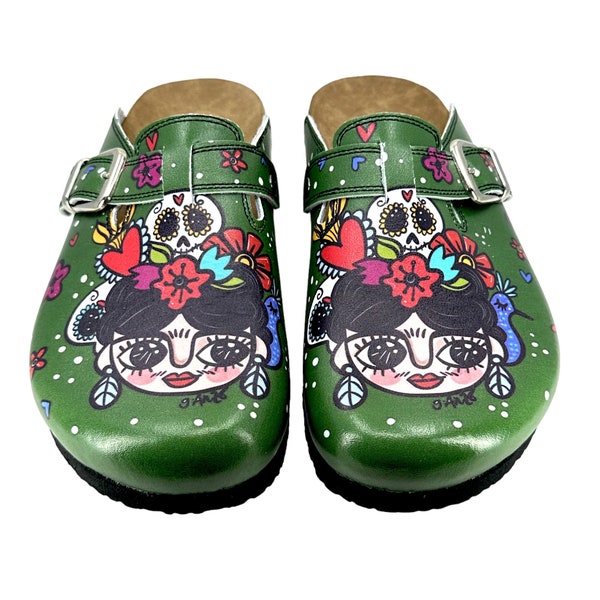 Green Frida Kahlo Design Handmade, Leather, Adjustable Strap, Low Heel, Non-slip, Antibacterial, Indoor, Outdoor, Unisex Slippers