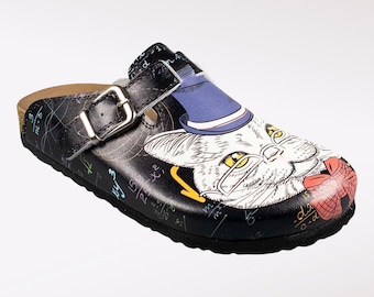 Professor Cat Print Leather Clogs, Cork Orthopedic Nursing Mules