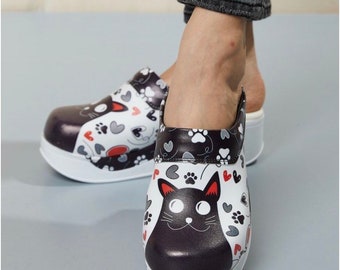 Cat Print Leather Clogs for Women, Platform Mules, Handmade Nurse Shoe