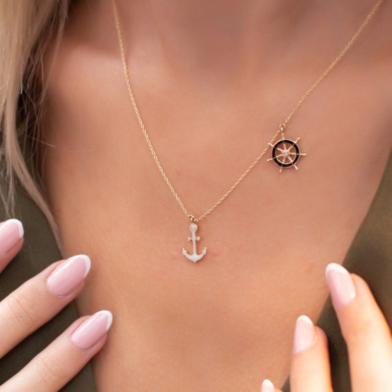 14K Solid Gold an Anchor A Rudder Necklace