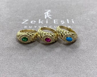 14K Solid Gold Retro Emerald, Ruby and Turquoise Rings