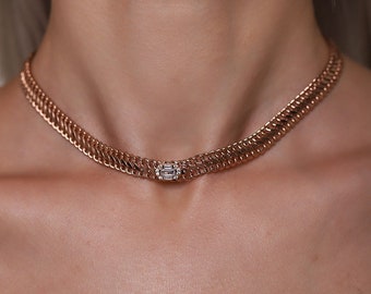14K Solid Gold Baguette Retro Choker