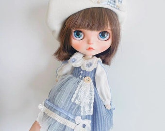 Blythe Three Piece Set, Blythe Vintage Dress, Blythe Blue Dress, Neo Blythe Clothes,Blythe Berets