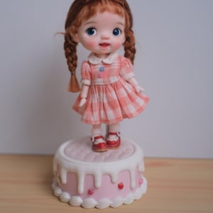 May include: A doll with red hair in pigtails wearing a pink and white checkered dress and red shoes. The doll stands on a pink cake with white frosting and strawberry decorations. The doll has blue eyes and a sweet expression.