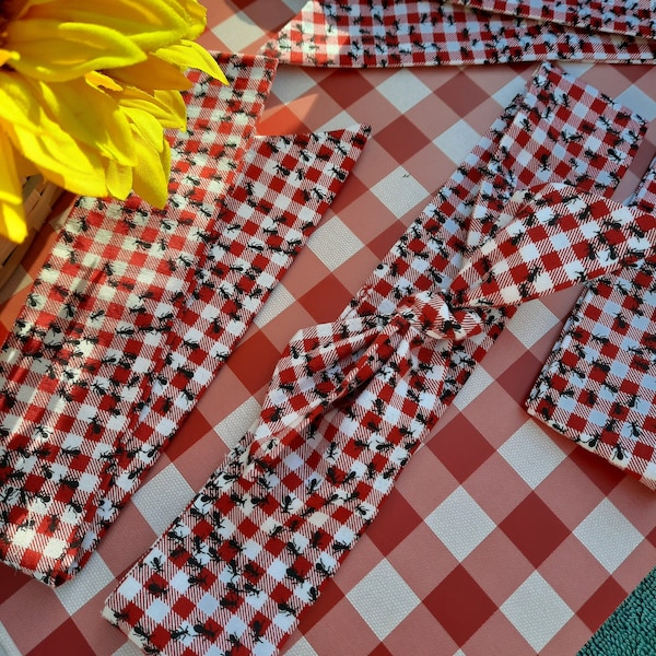 Picnic Gingham With Ants Self Tie Headband | Cottagecore Accessories | Fairycore Aesthetic | Retro Vintage Style Hair Accessories |