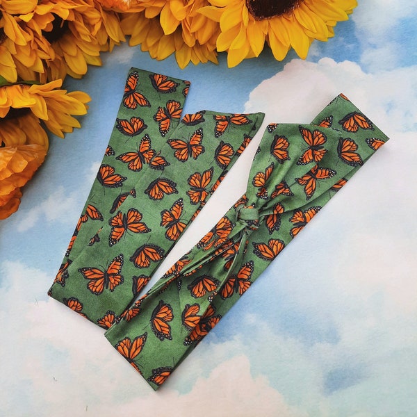 Monarch Butterfly Self Tie Headband | Cottagecore Hair scarf | Fairycore Hair Accessories | Pet Bandana | Hiking Or Gardening Accessories