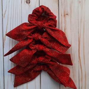 Red And Gold Bunny Ear Scrunchie, knotted Bow Hair Tie With Removable Tie