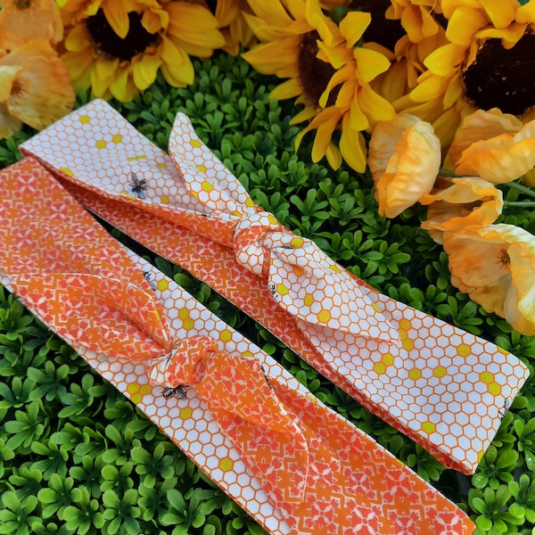 Reversible Double Sided Bee Pattern and Orange Mosaic Self Tie Headband